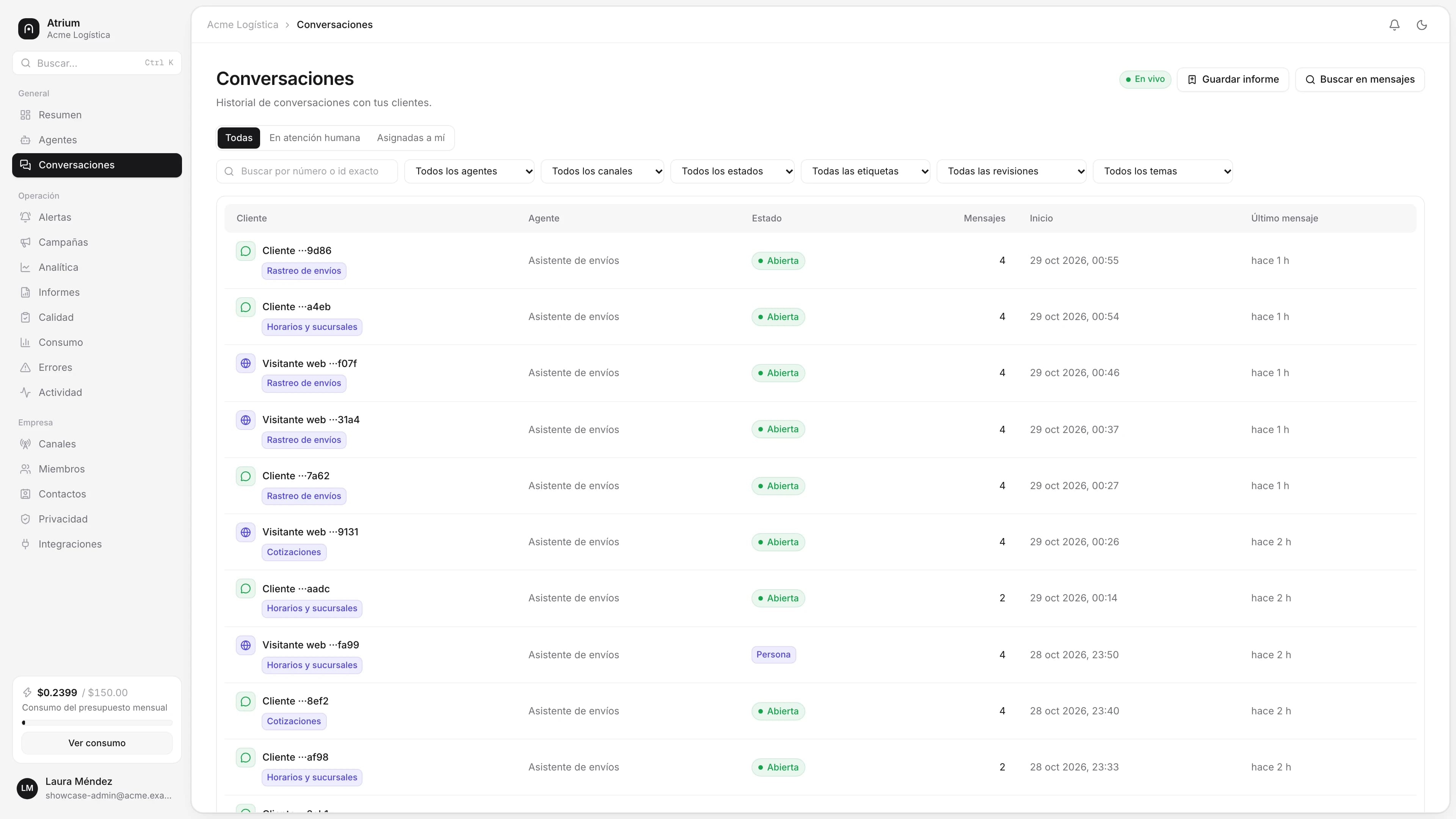 Lista de conversaciones de Atrium AI de una empresa de logística que atiende por WhatsApp y chat web