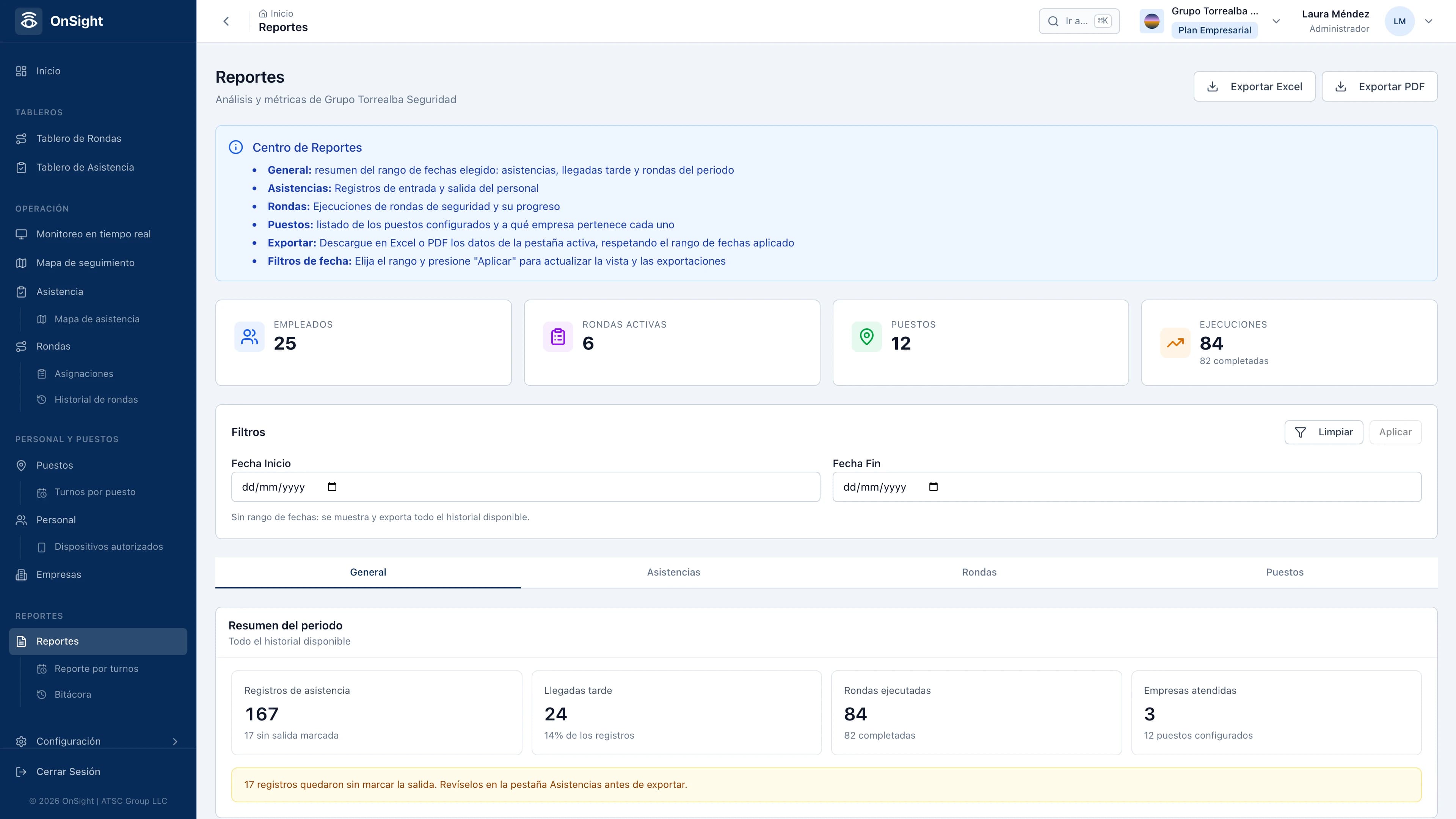 OnSight report center with attendance, rounds and late arrivals