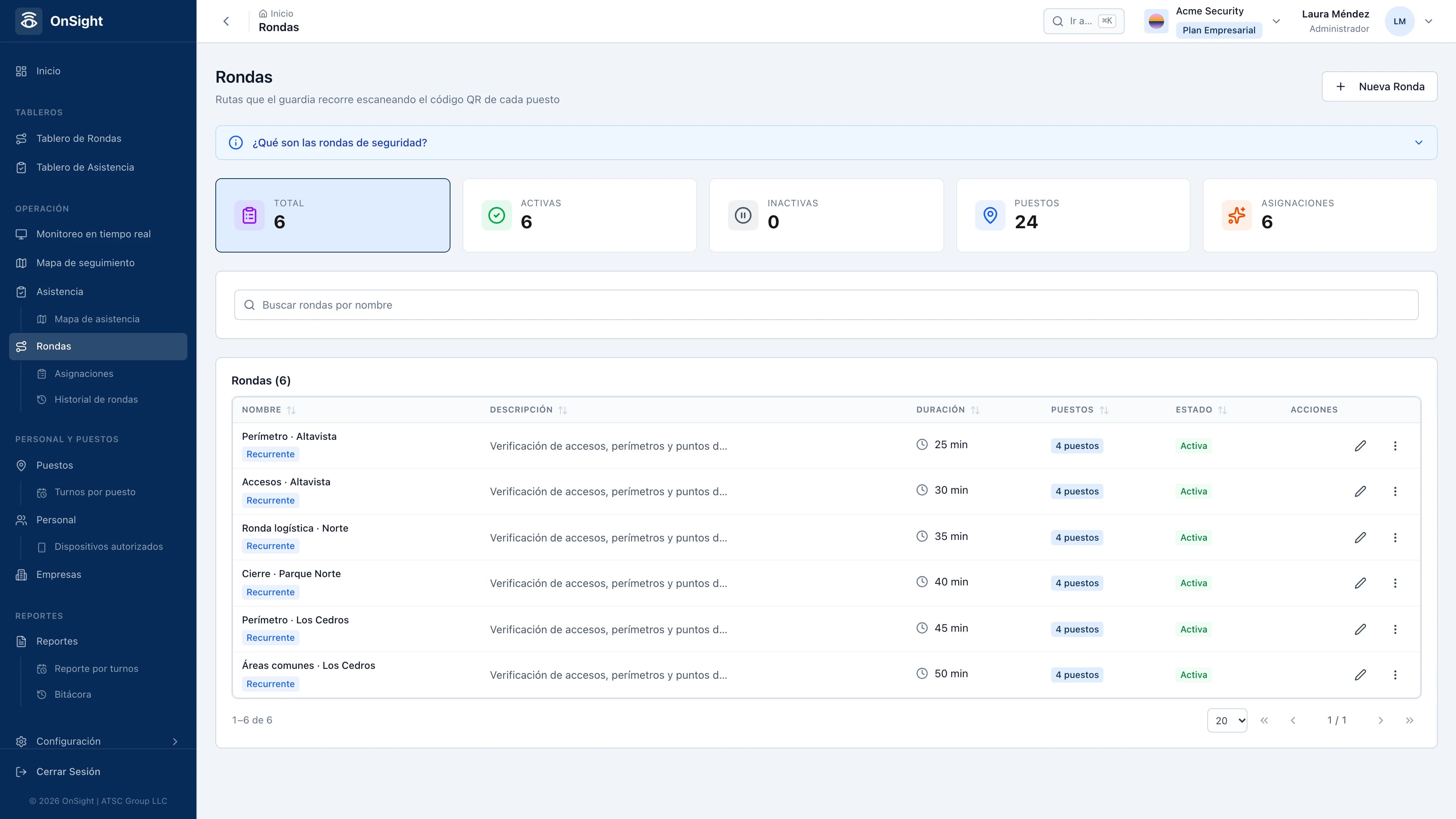 OnSight security rounds with duration, checkpoints and status