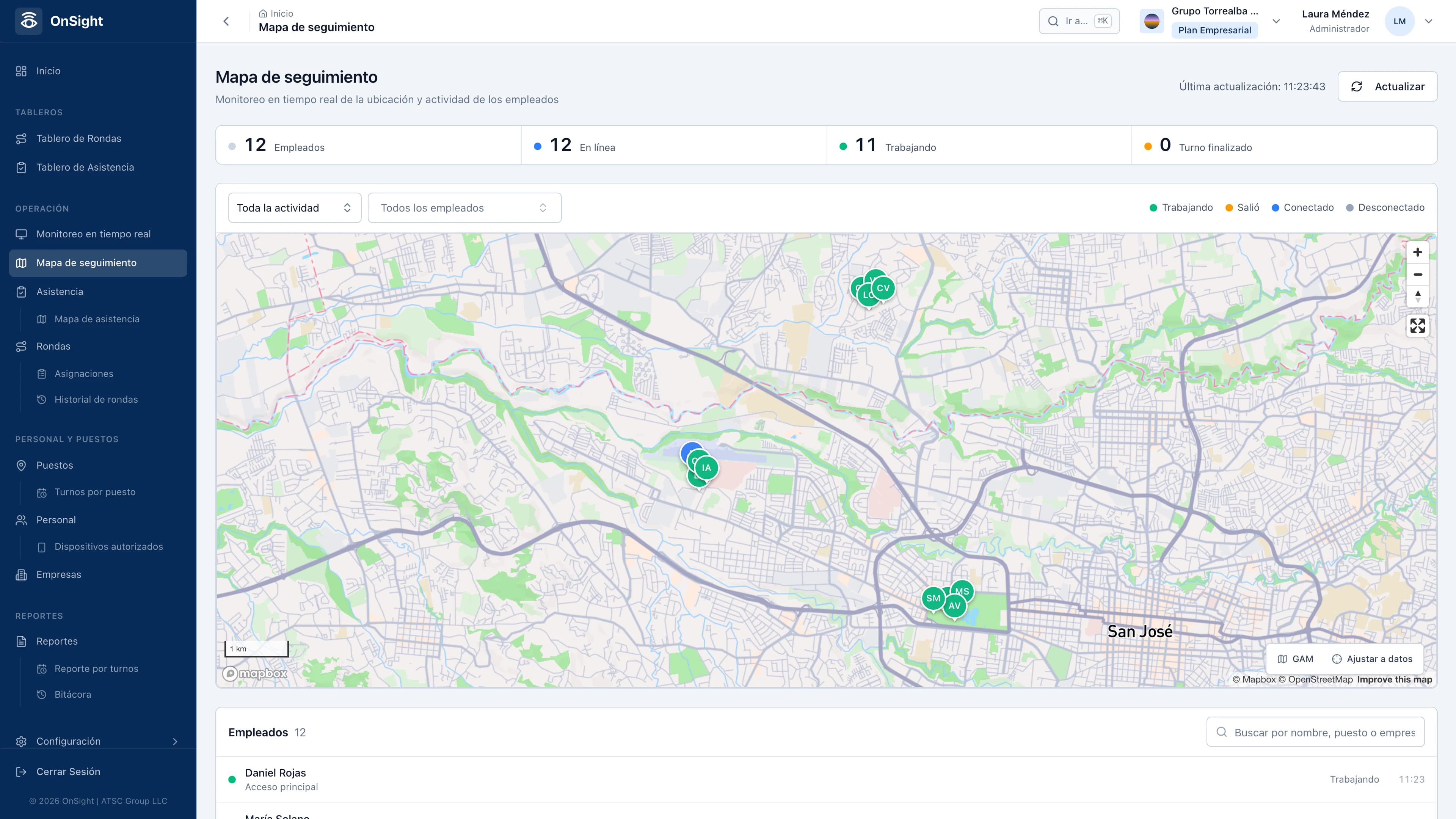 OnSight live tracking map with guards across San José