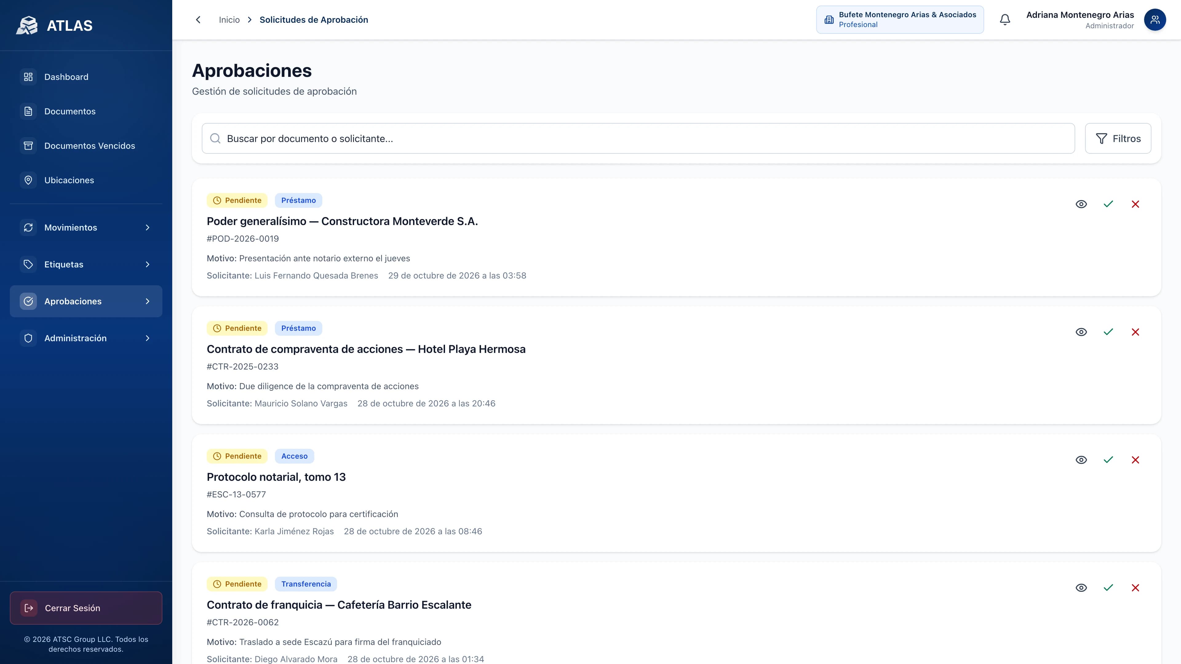 Solicitudes de aprobación en Atlas para préstamos, accesos y traslados